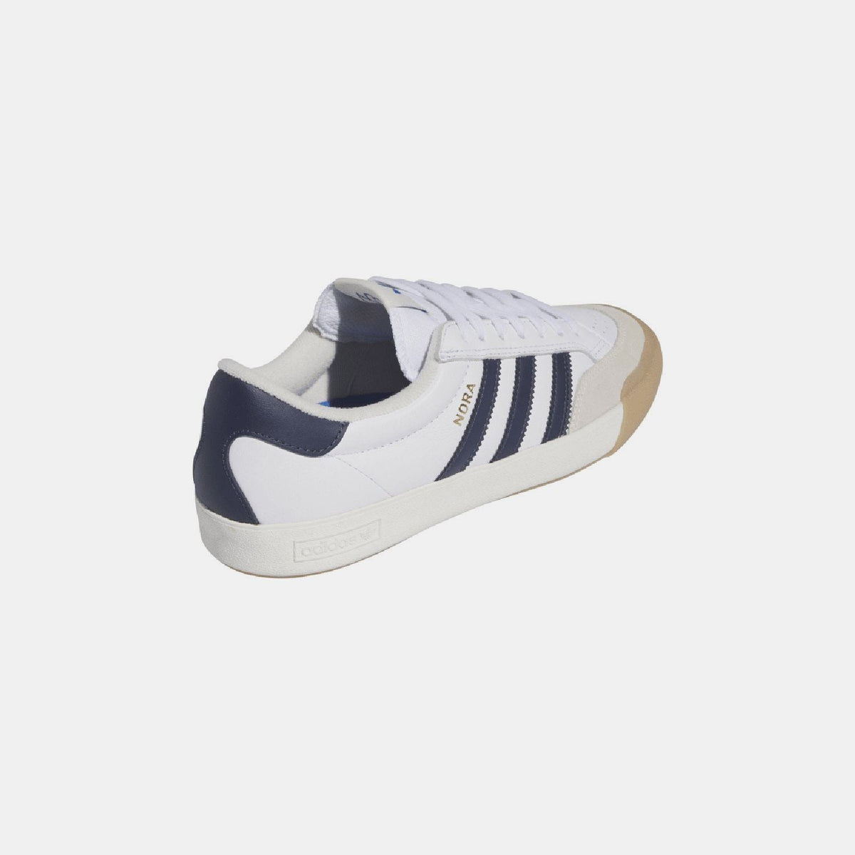 adidas Originals Nora trainers, angled heel-to-toe view with navy stripes and white laces