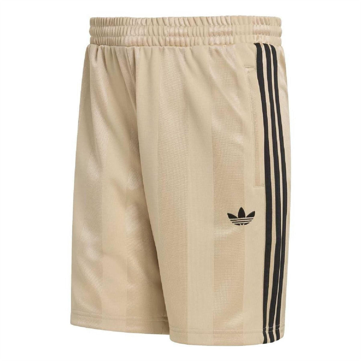 Stone khaki adidas Originals shorts with elastic waistband and black 3-stripe side panels
