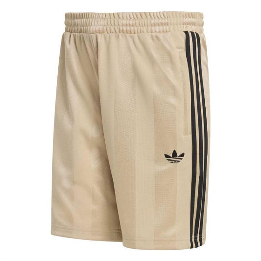 Stone khaki adidas Originals shorts with elastic waistband and black 3-stripe side panels