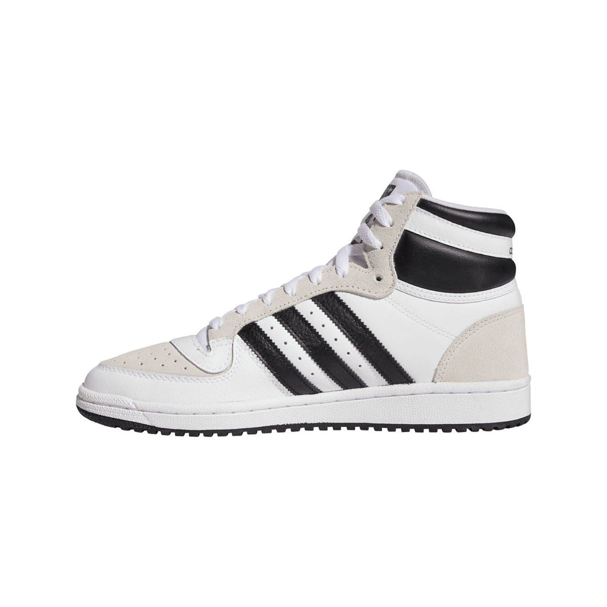 White and beige high-top Adidas trainers with black stripes and lace-up front