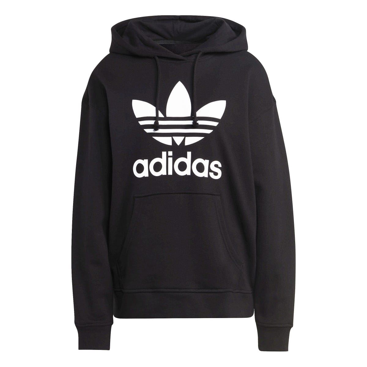 Black adidas Originals Trefoil pullover hoodie, front graphic and kangaroo pocket
