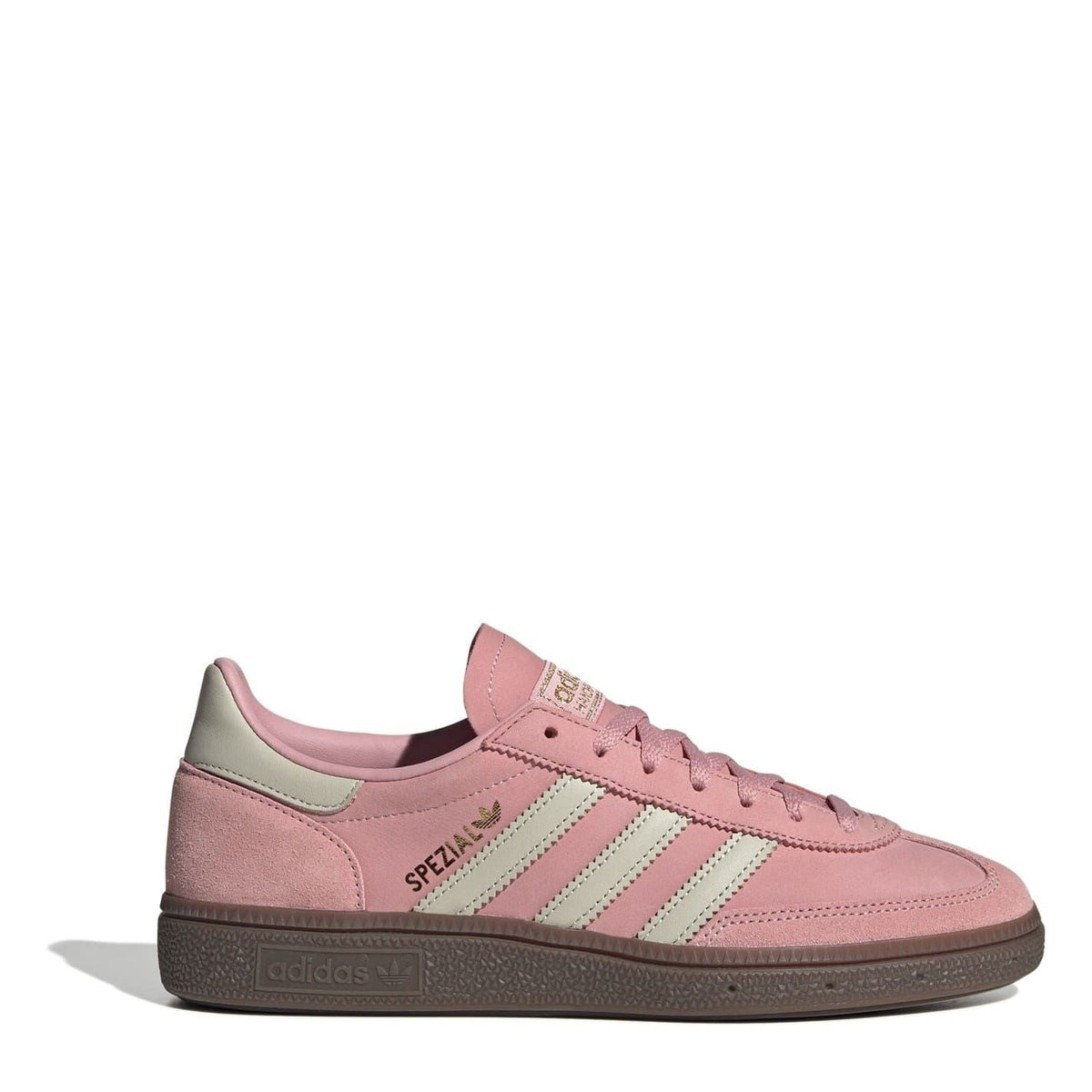 adidas Originals Handball Spezial shoes, baby pink suede with white stripes and dark sole