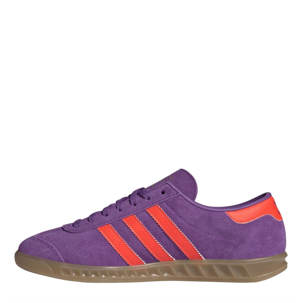 Purple suede low-top adidas Hamburg sneaker, side view with orange stripes and gum sole
