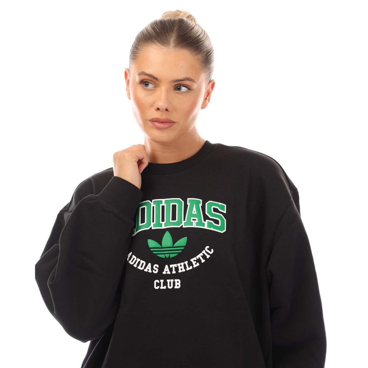 Black crewneck sweatshirt with large green adidas logo and athletic club text