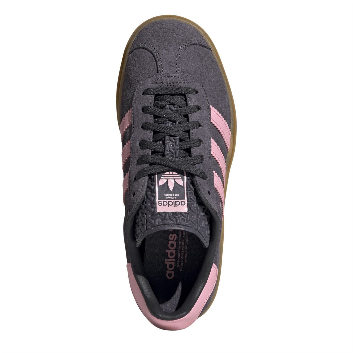 Adidas Gazelle Bold sneakers in dark gray with lilac and pink stripes, black laces