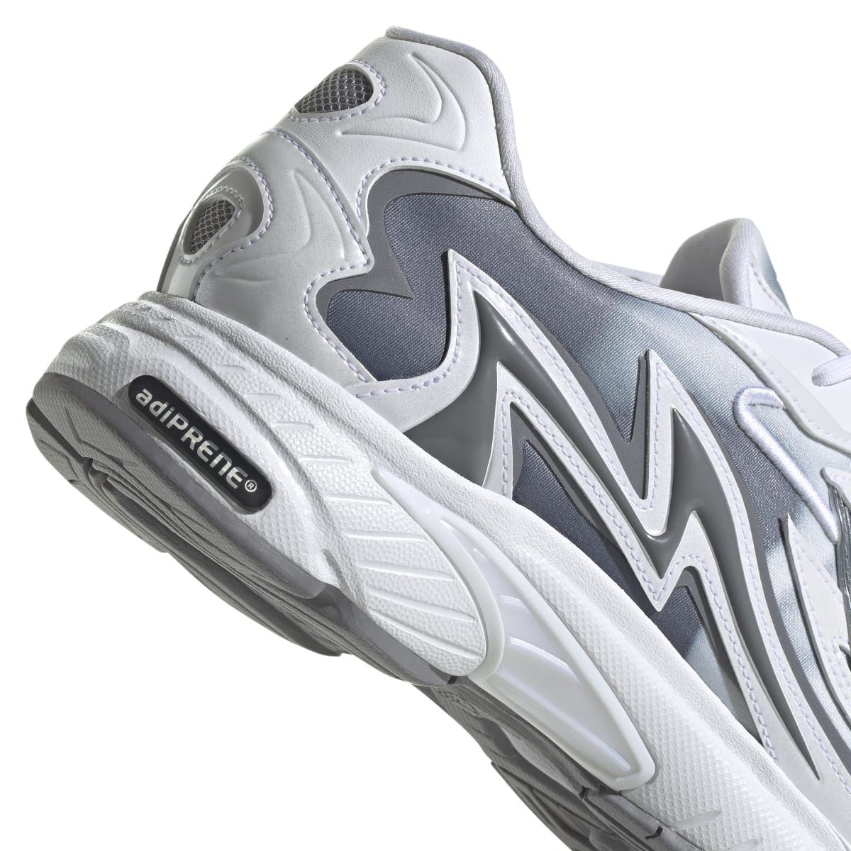 White and grey sneaker close-up of heel with adiPRENE badge on cushioned sole