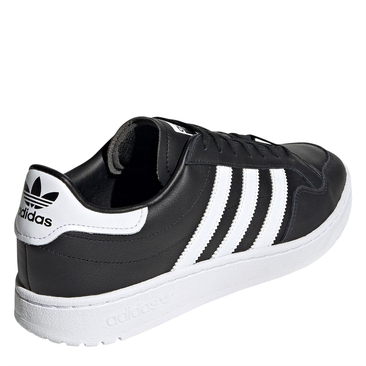 Black sneakers with white stripes, padded collar, and lace-up front