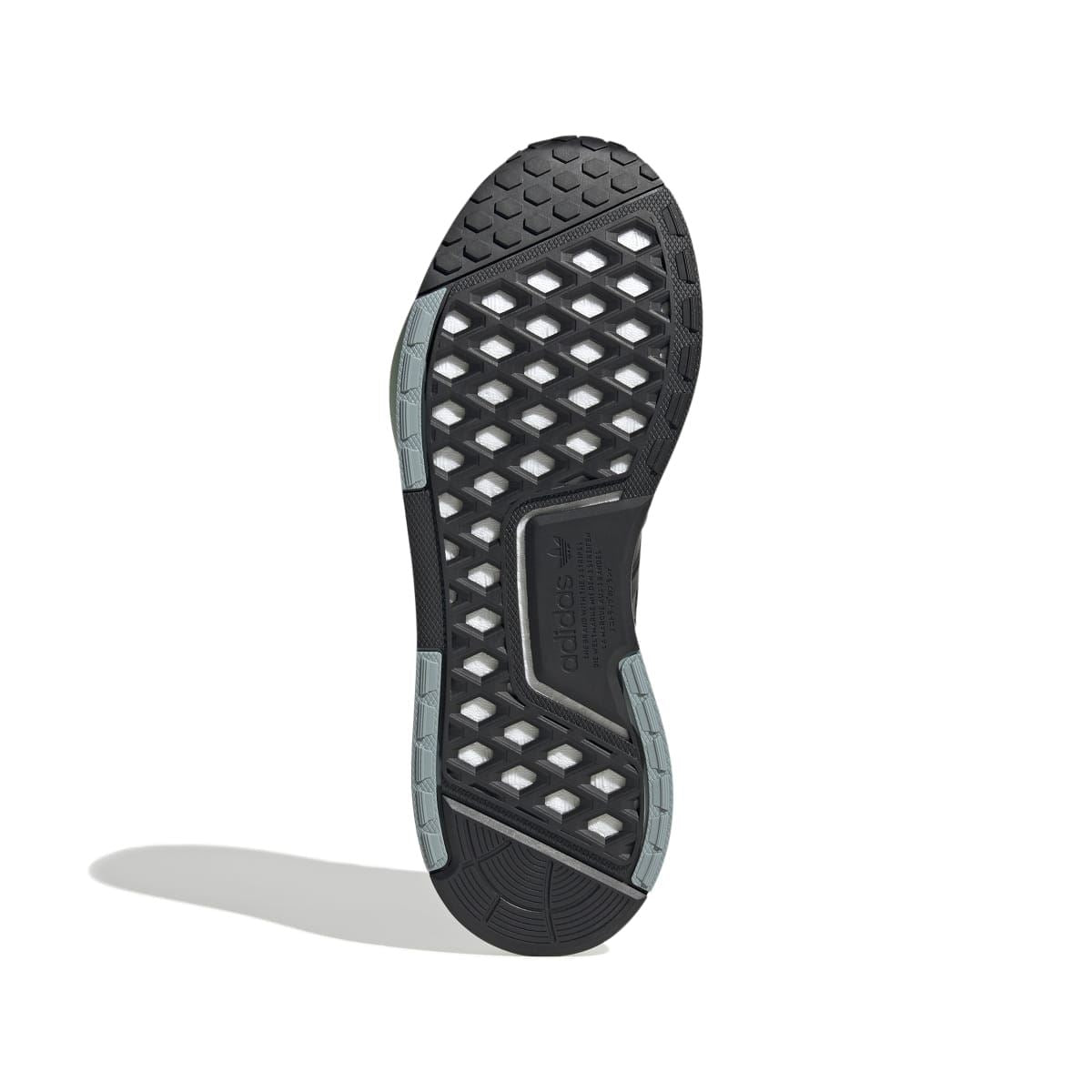 Black NMD_V3 outsole with patterned tread and light blue sidewall accents
