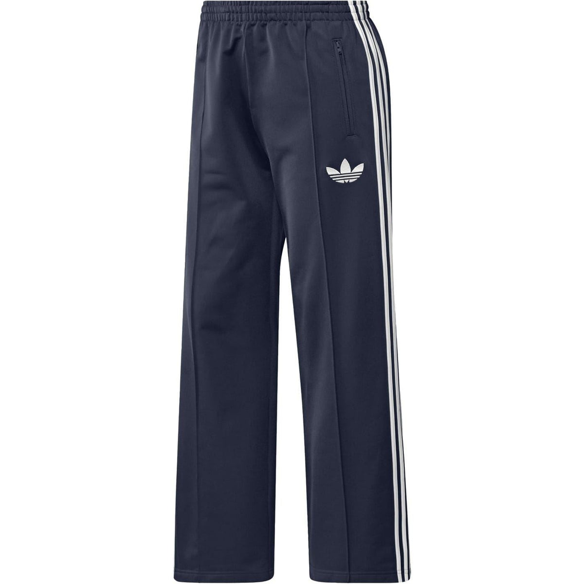 Navy adidas track pants with white side stripes and embroidered trefoil logo