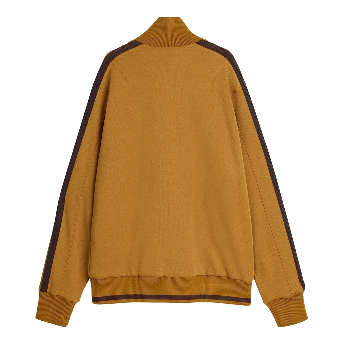 Men's tan track top jacket with dark side stripe panels and ribbed hem and cuffs.