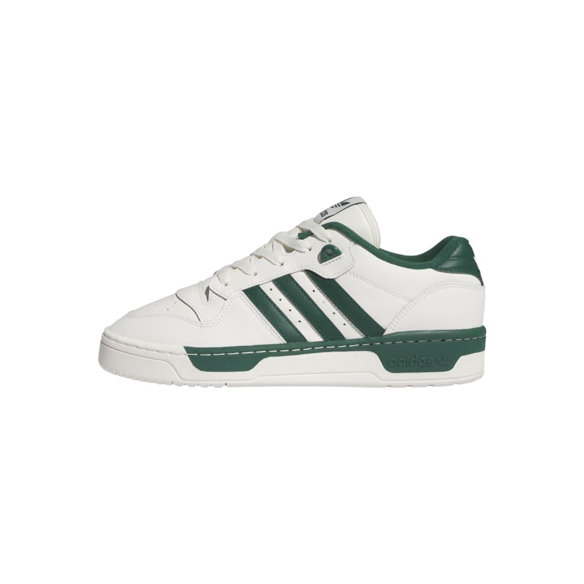 adidas Originals Rivalry Low trainers, white leather with green stripes and low profile sole