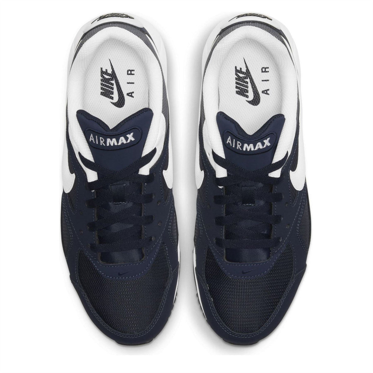 Navy and white Nike Air Max trainers, top view with Air Max heel text