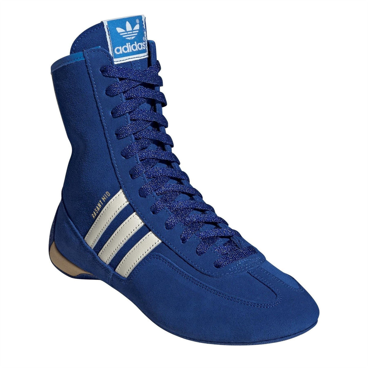 Blue high-top sneaker with lace-up front, Adidas logo on tongue, white stripes, tan sole