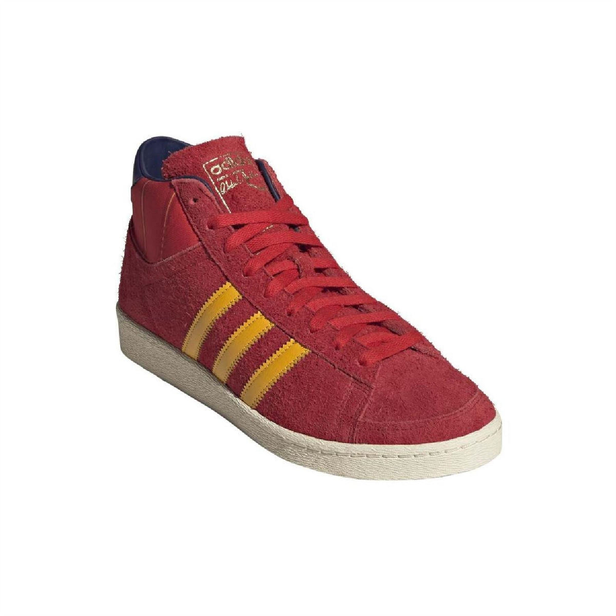 Adidas high-top sneakers in burgundy suede with yellow three stripes, navy collar, white rubber sole