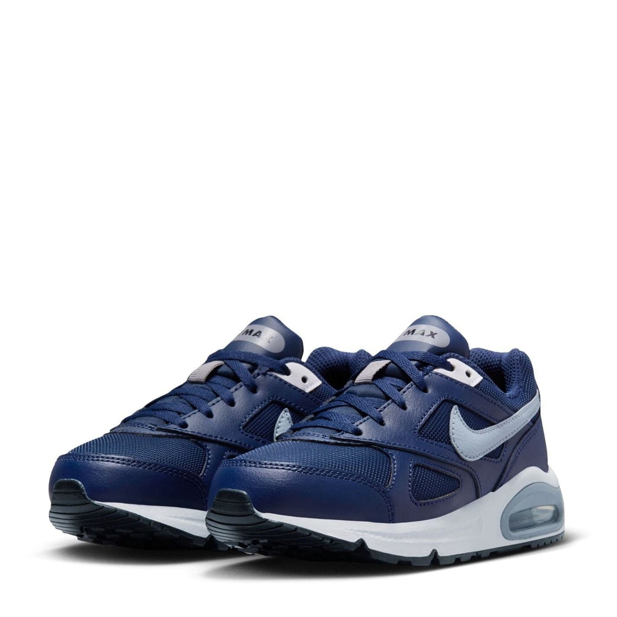Nike Air Max Ivo trainers, pair view: navy blue with white swoosh and air midsole
