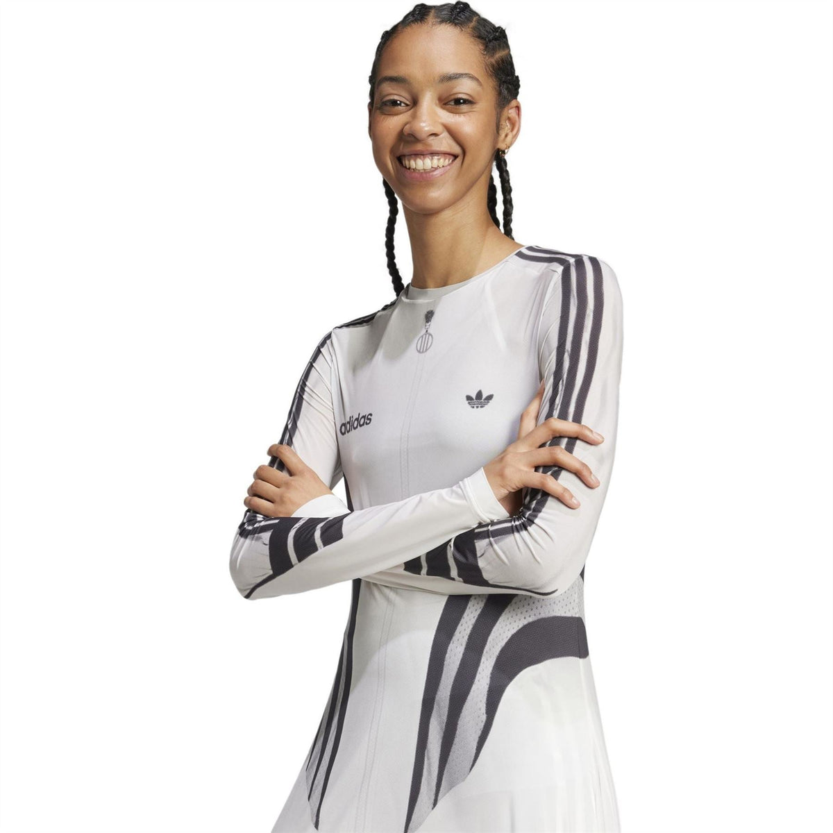 adidas Originals Atlanta Dre white dress with dark diagonal stripes on sleeves and chest