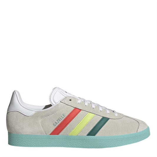 adidas Originals Gazelle low-top canvas sneakers in white with green accents, featuring classic lace-up design and rubber sole