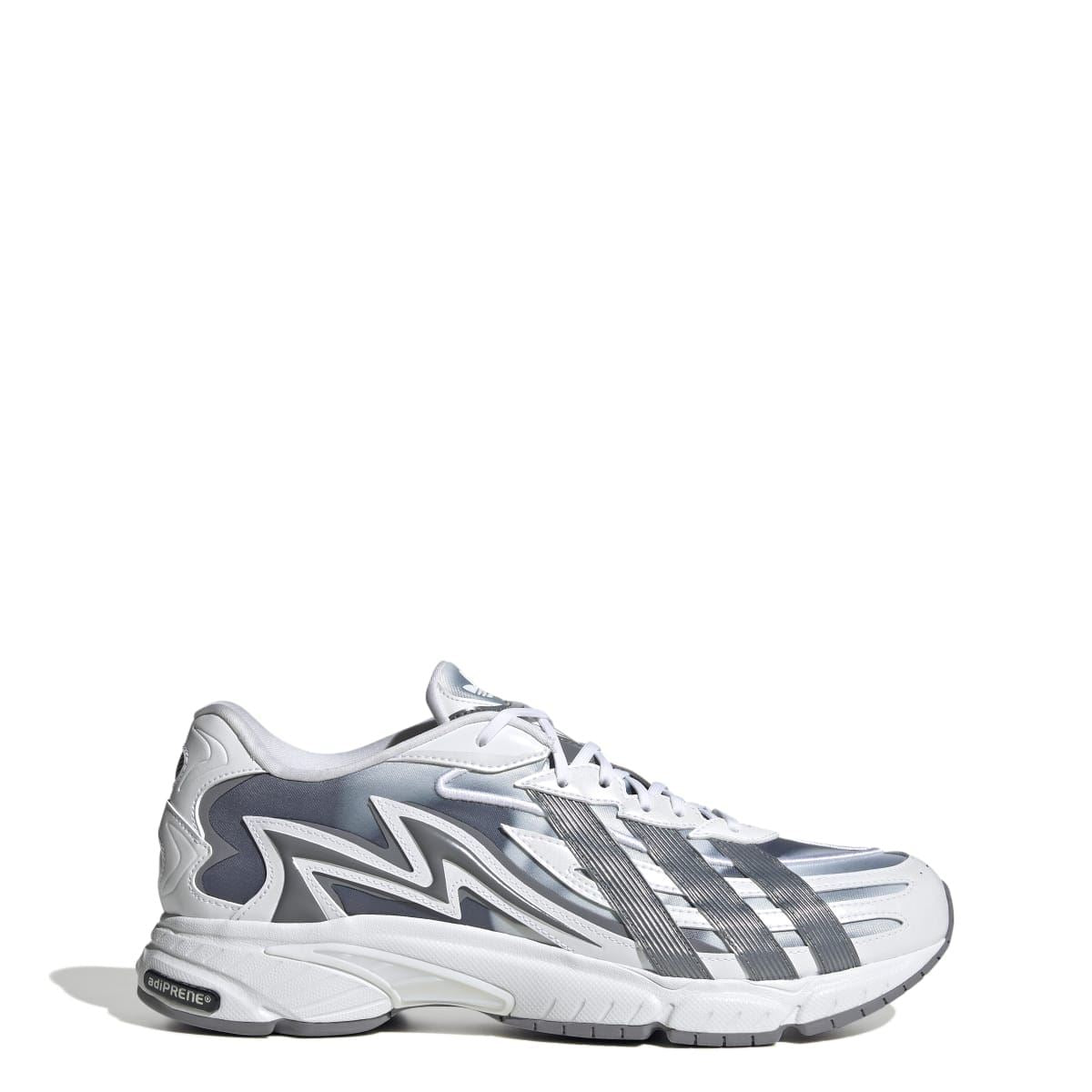 White and grey lace-up running sneakers, side profile with stripe and logo details
