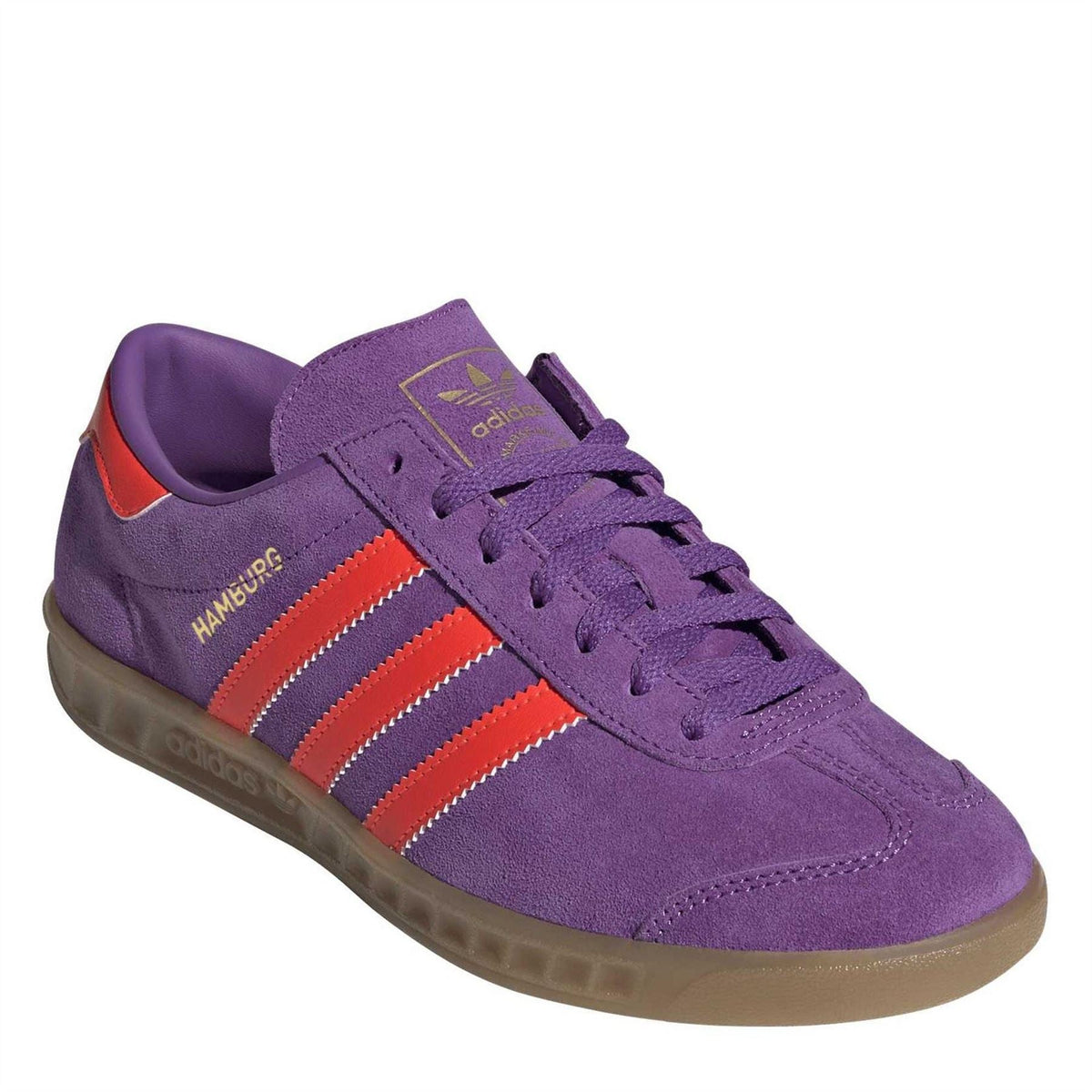 Purple adidas Hamburg sneaker in suede with orange stripes, lace-up front, and gum sole