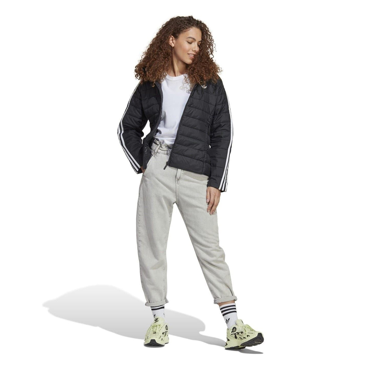 Black hooded puffer jacket with white sleeve stripes and full-zip front