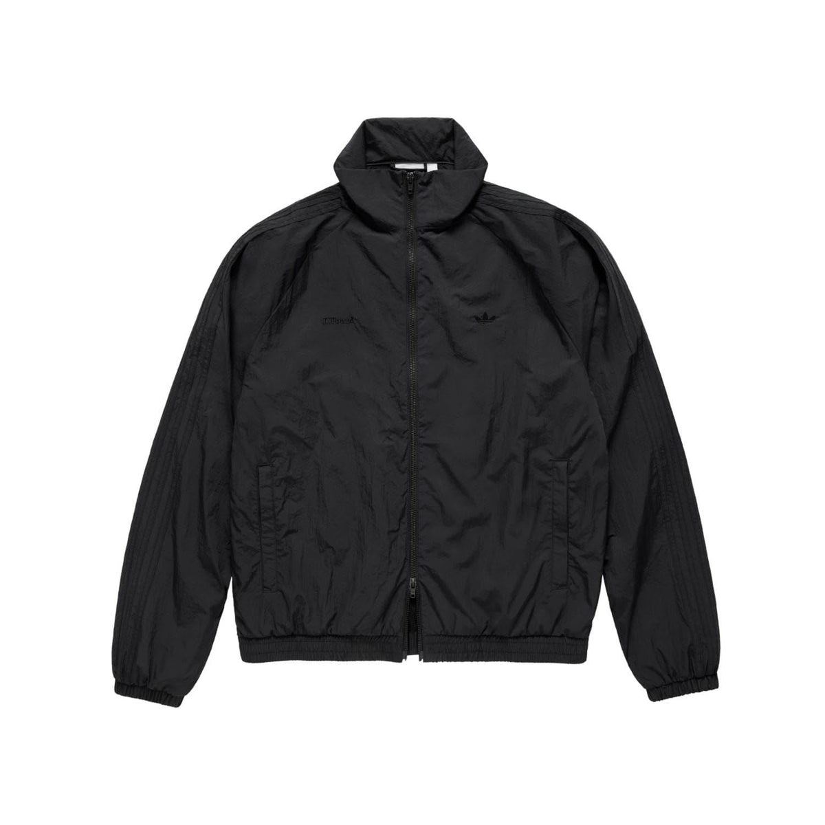 Black track jacket with full zip and stand collar, adidas Originals x JJJJound branding