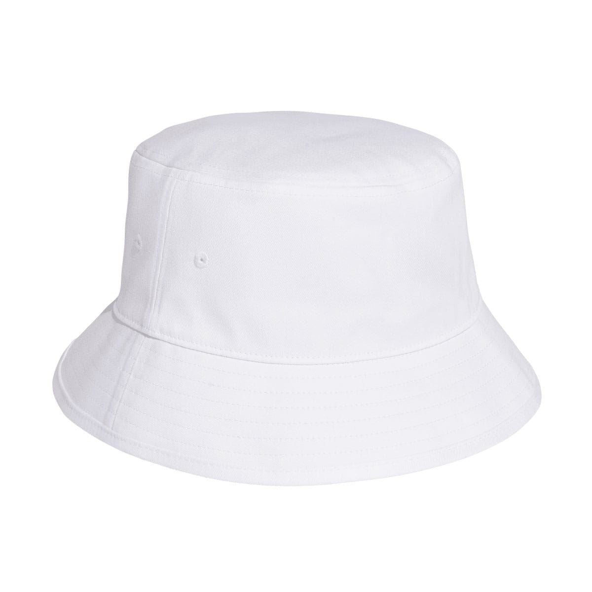 White bucket hat with stitched panels and curved brim