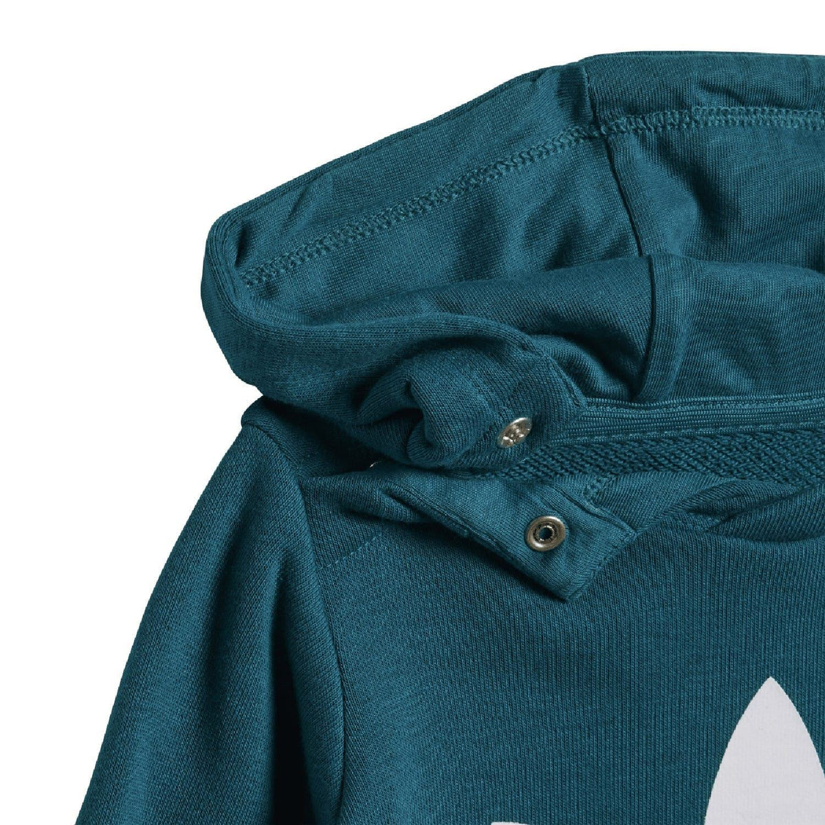 Teal hoodie with button placket at neck and adidas logo detail