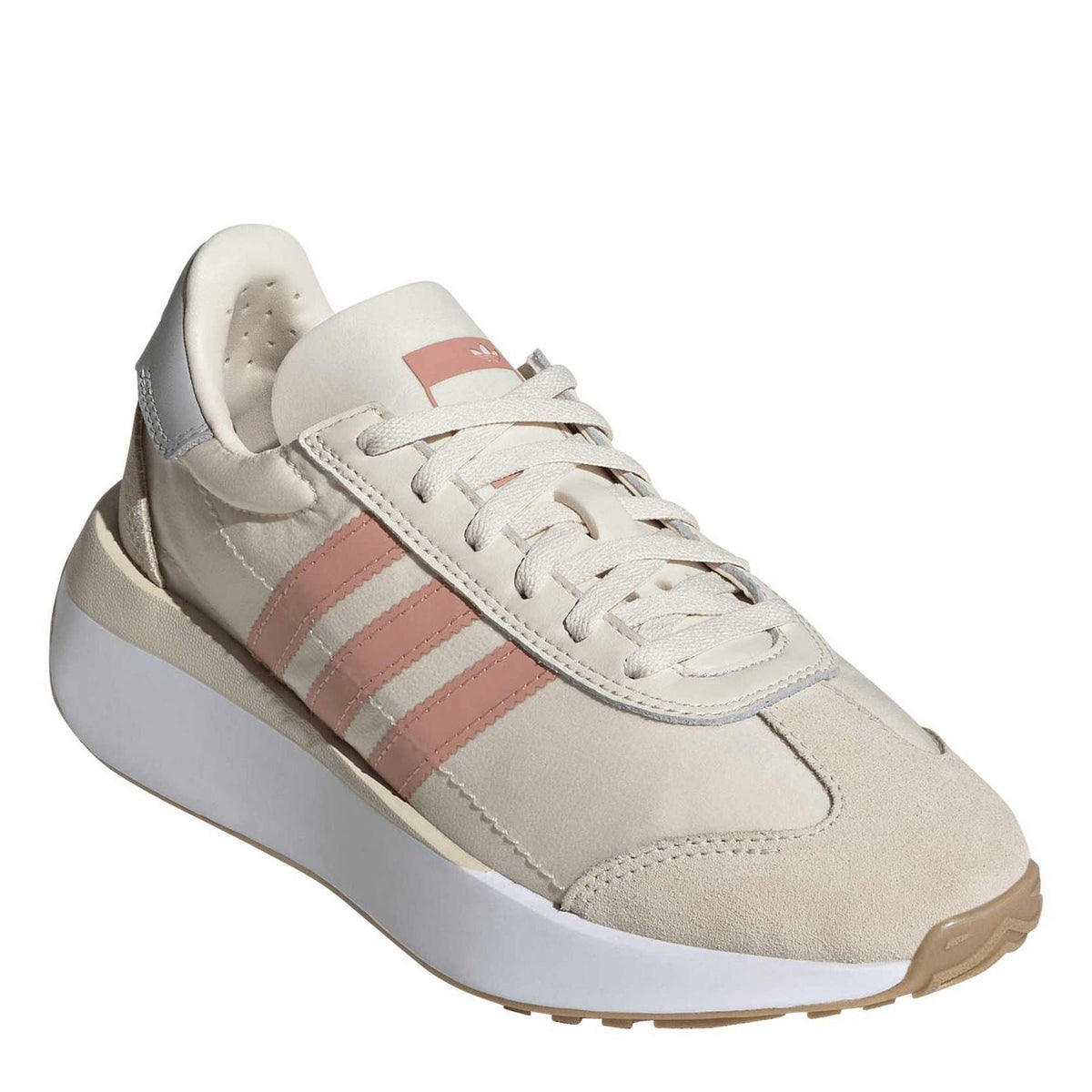 adidas Originals juniors lace-up sneakers, angled view with pink Three Stripes