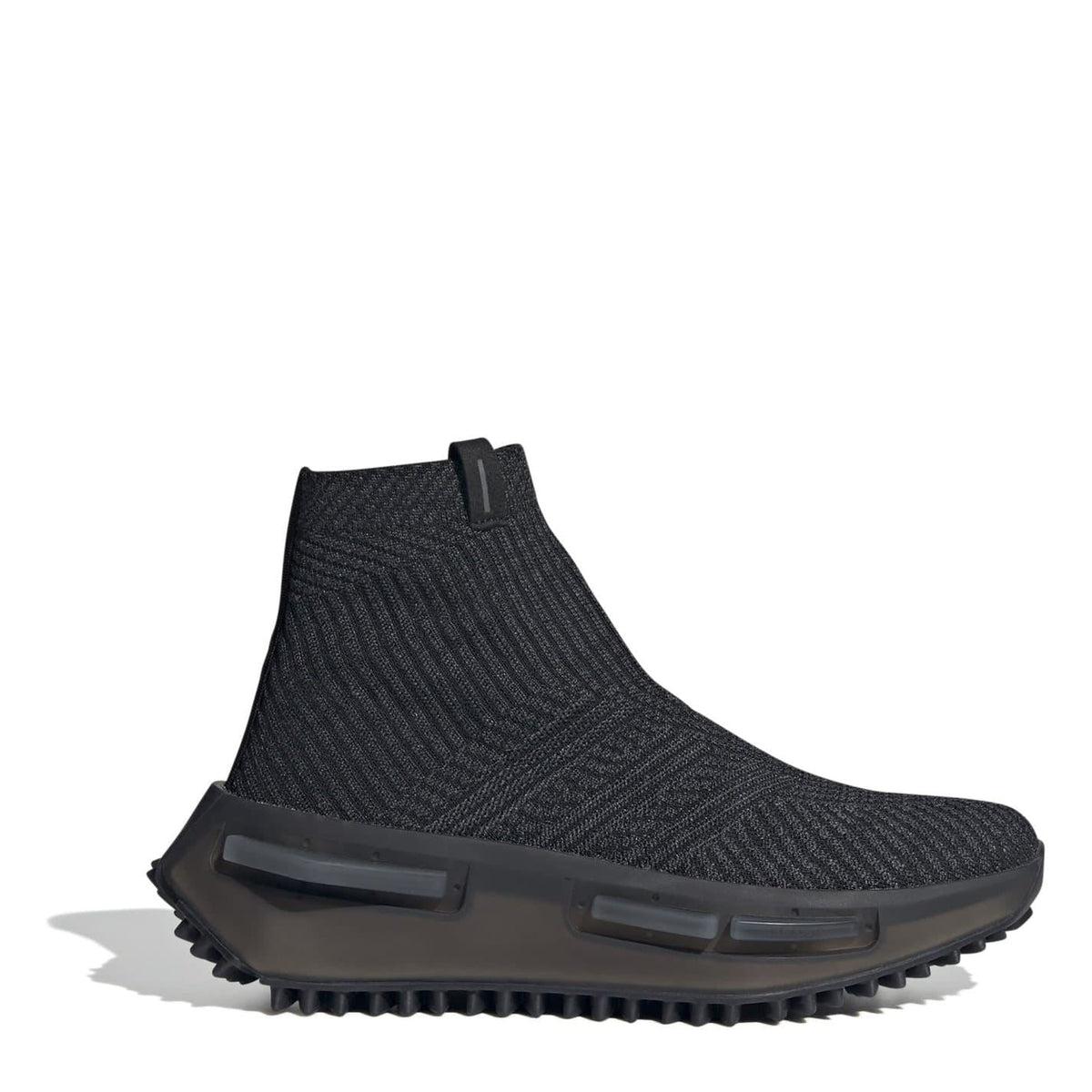 Black knit sock sneakers with padded strap heel and chunky rubber outsole