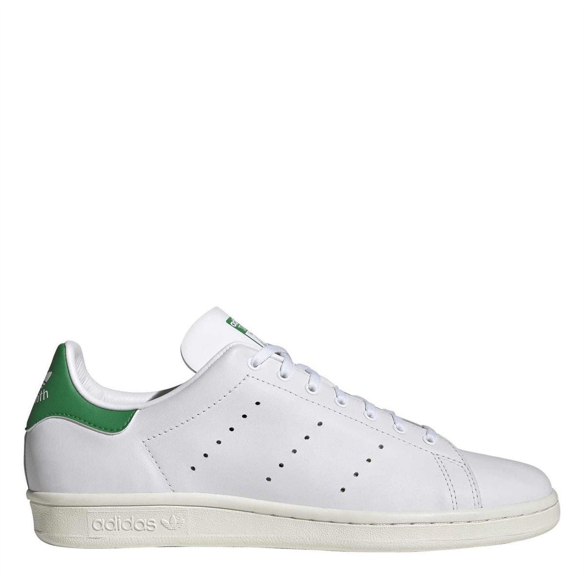 White leather-look low-top sneakers with green heel stripe and perforated toe