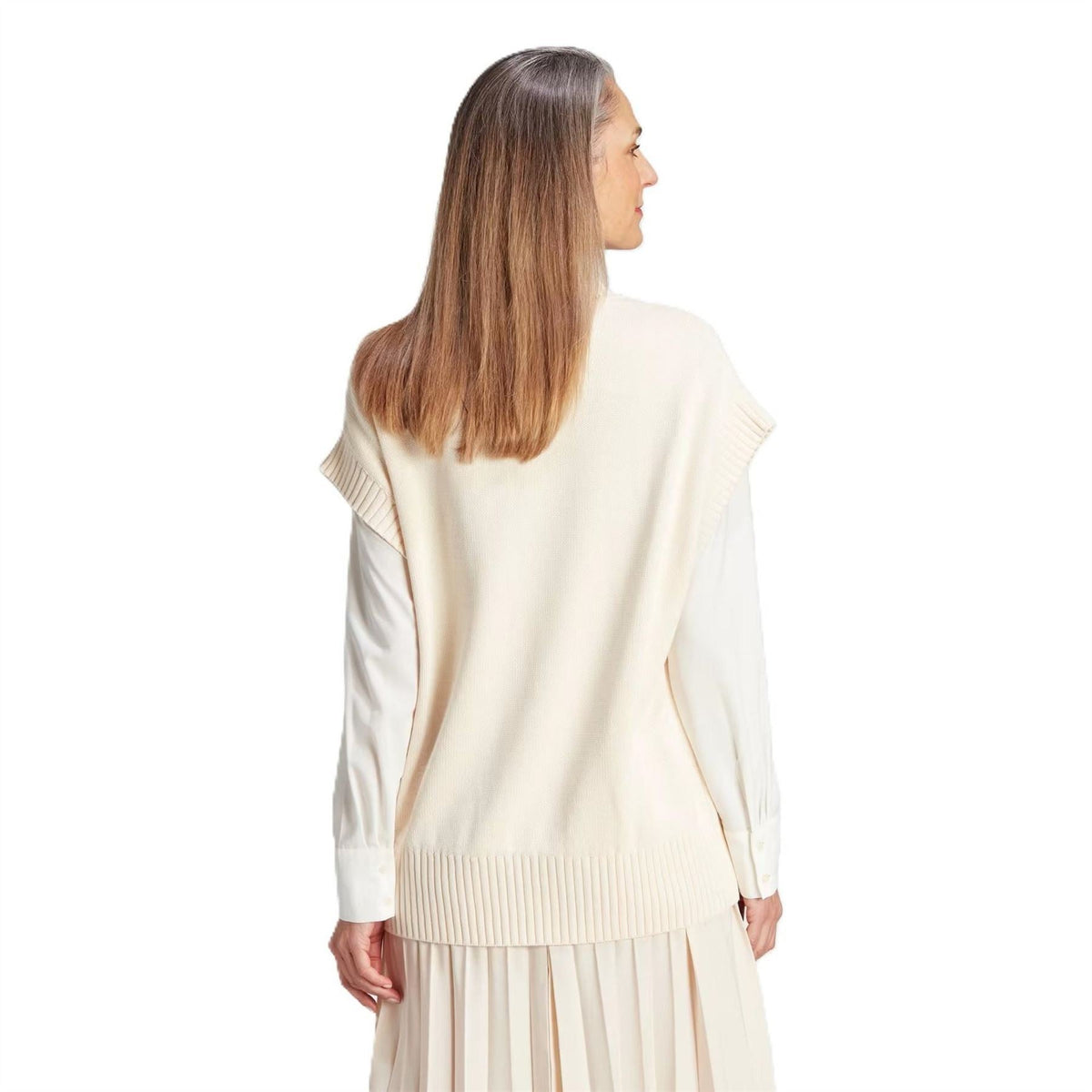 adidas Originals knit vest back view in white, ribbed hem and knit shoulder detailing