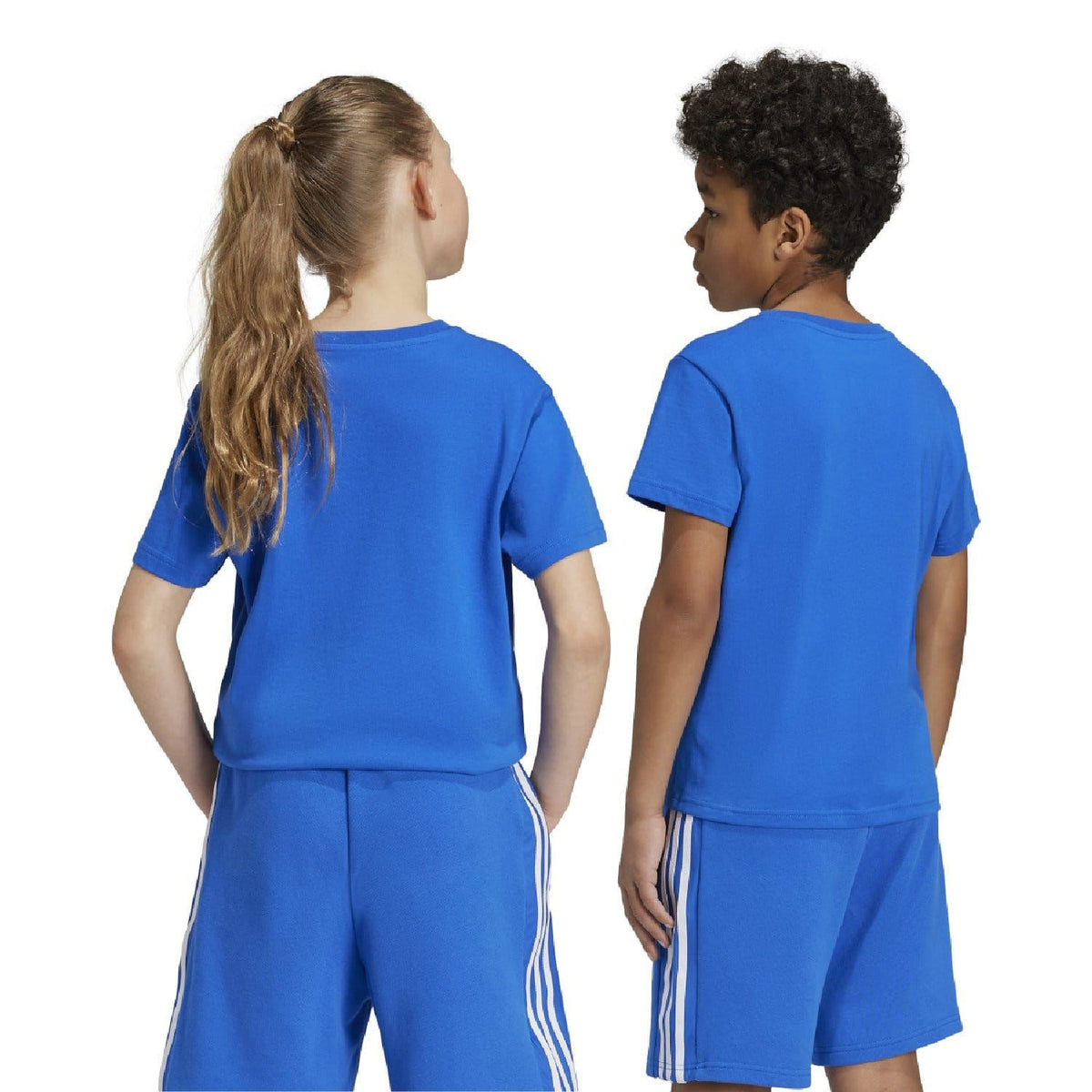 Blue junior adidas trefoil T-shirt back view with crew neck and short sleeves