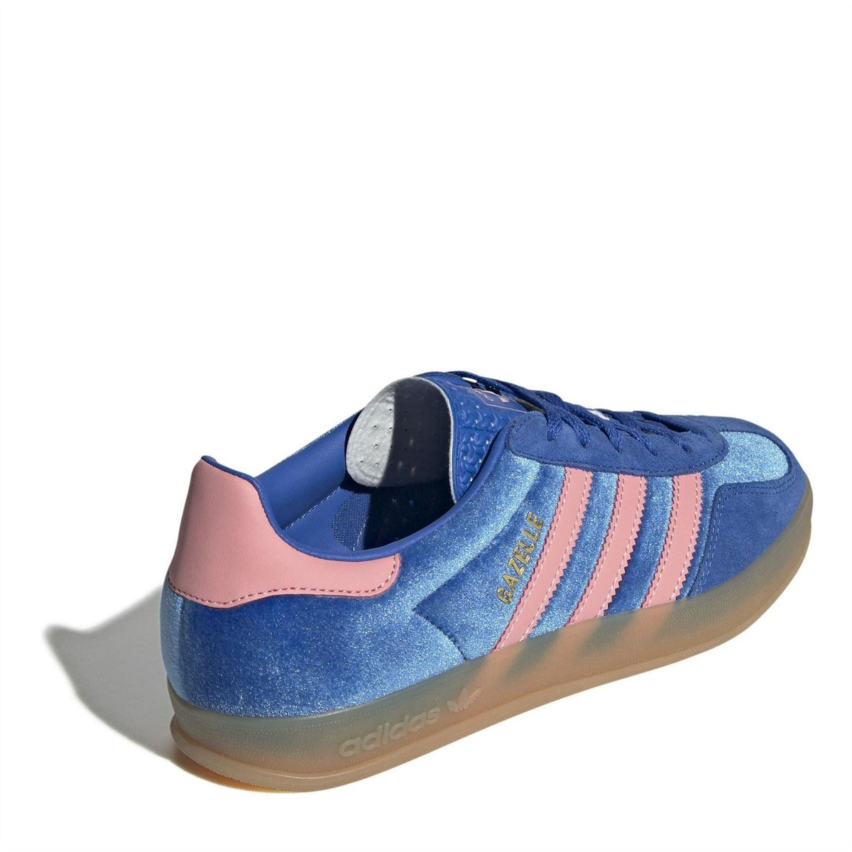 Blue adidas Gazelle low-top sneakers from heel side with pink trim and gum sole