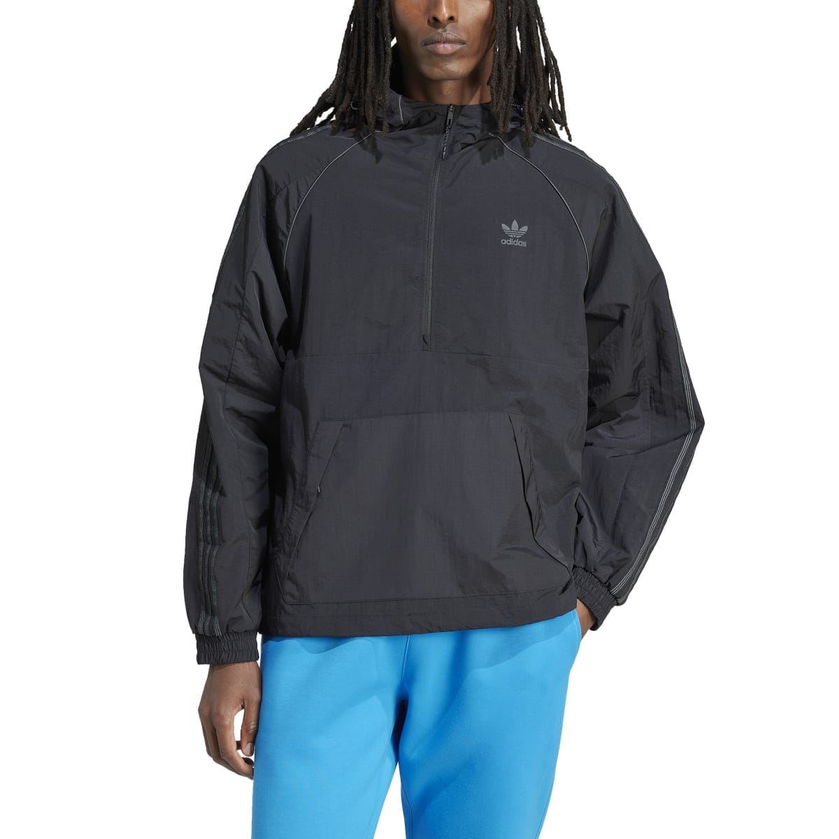 Black hooded adidas anorak jacket with front zipper and small chest trefoil logo