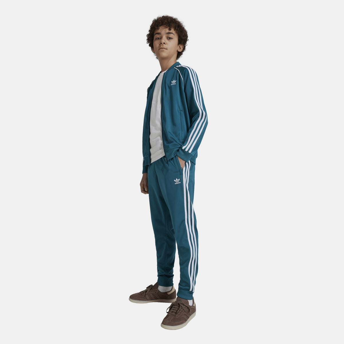 Teal kids track jacket with full zip and white stripe sleeves, ribbed trim and cuffs.