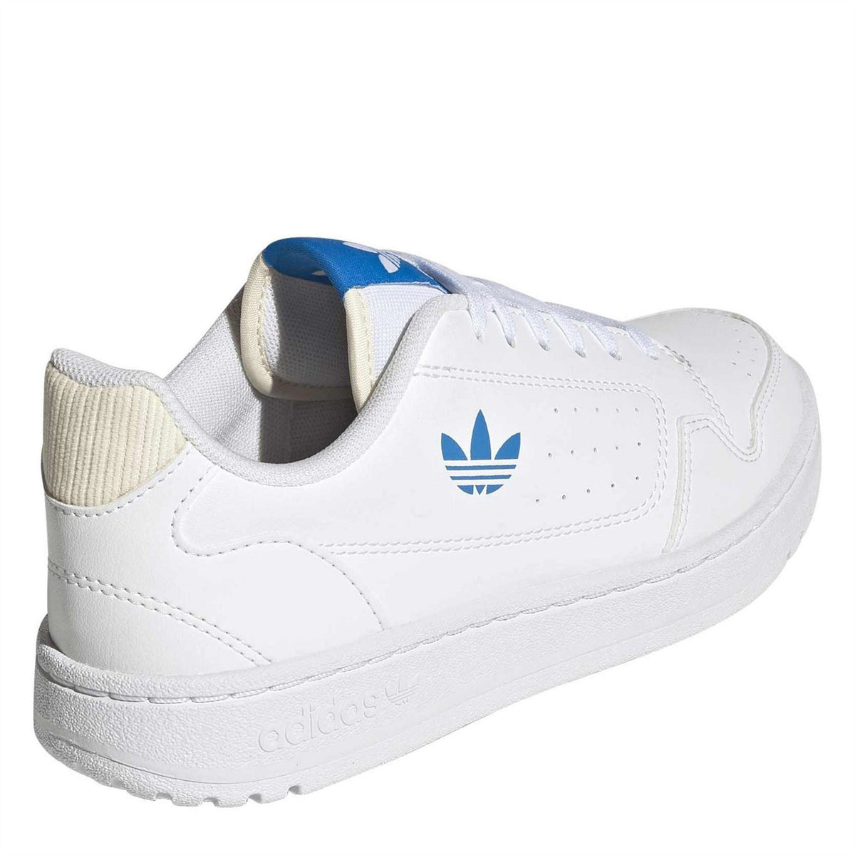 White lace-up sneakers with blue heel tab and trefoil logo on the side