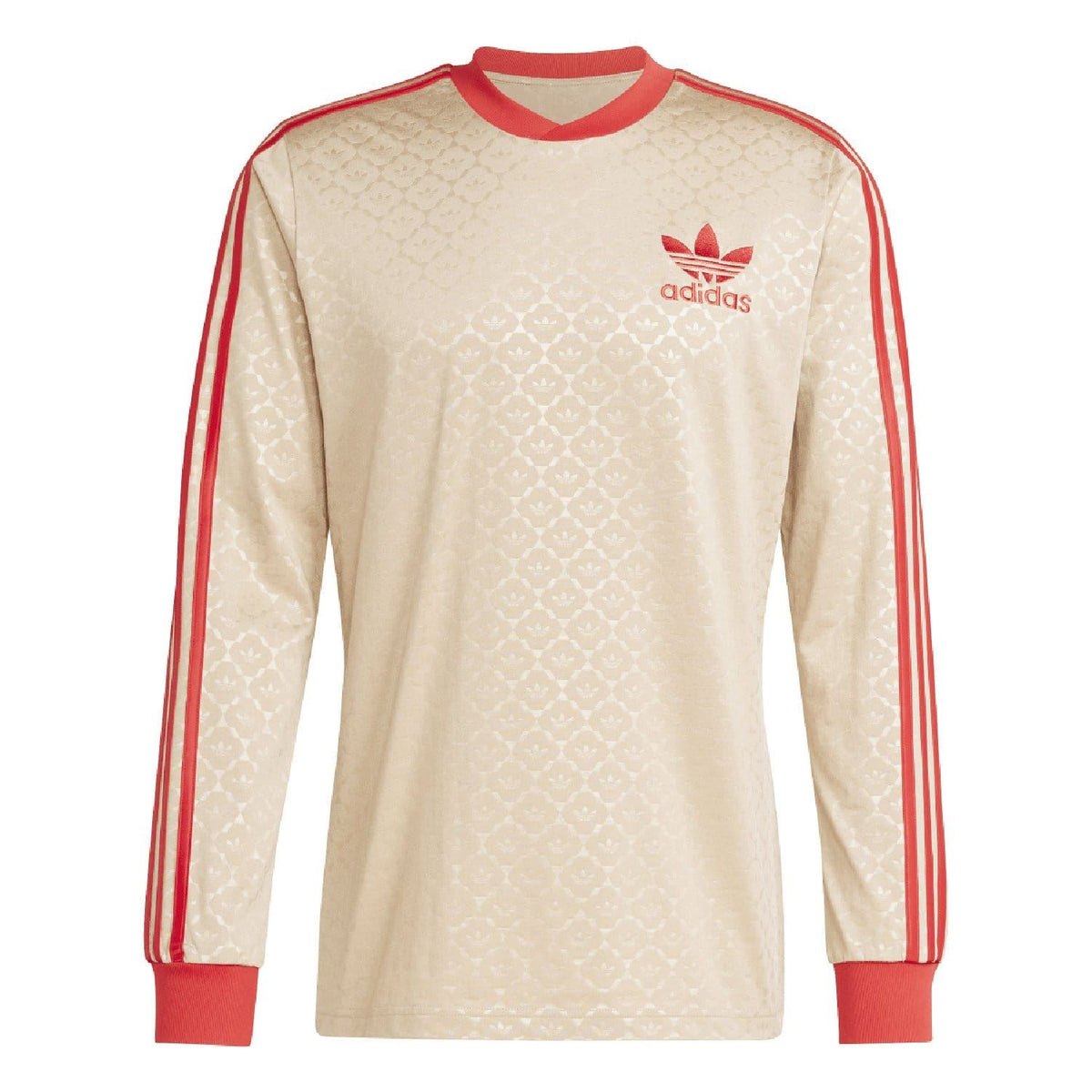 Beige adidas Originals jersey with red crew neck, three stripes on sleeves, logo on chest