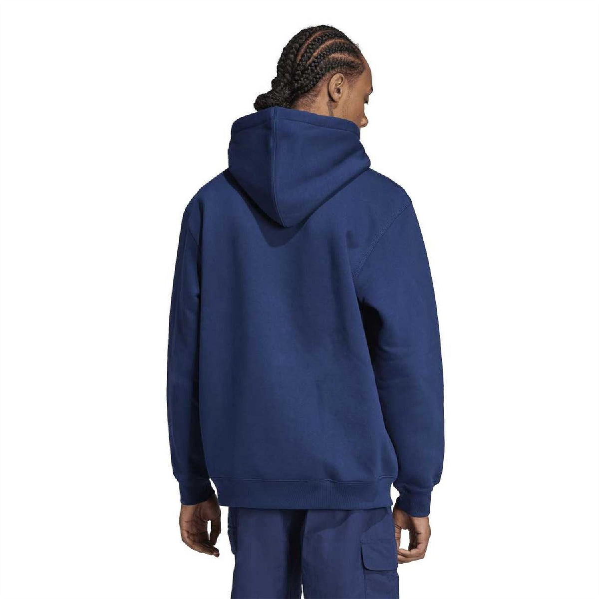 adidas Originals loose hoodie in dark indigo with hood and back view