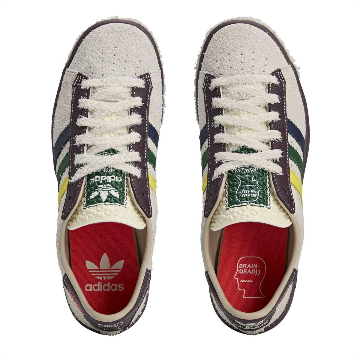 Low-top sneakers with lace-up front and red logo insole, cream and dark trim