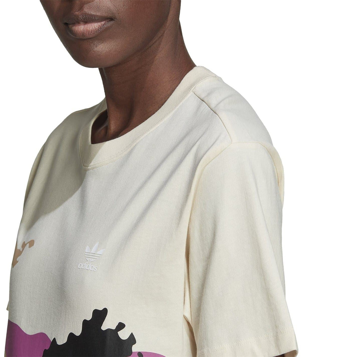 adidas Originals women's X Thebe Magugu T-shirt, casual top with logo and graphic design, displayed on a flat surface