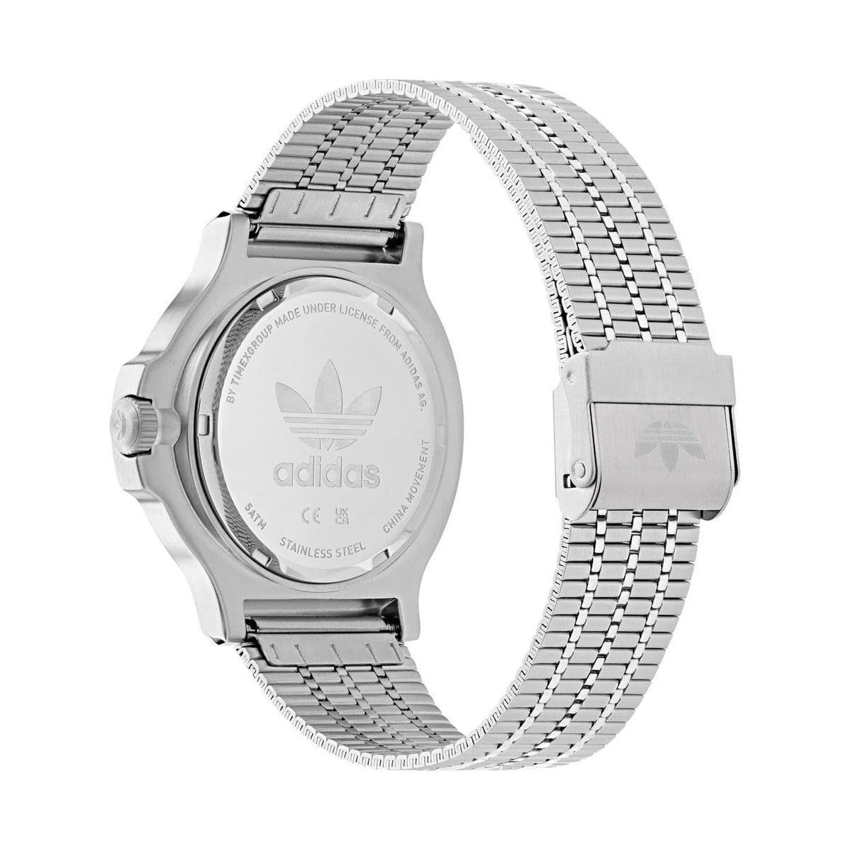 adidas Originals analog watch caseback view, stainless steel mesh bracelet
