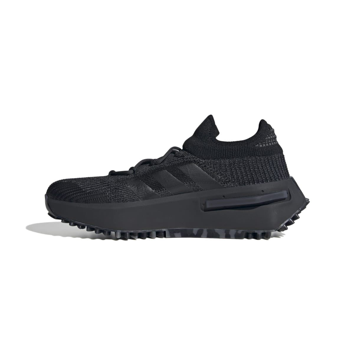 Black knit slip-on style trainer with lace-up closure and thick tread sole