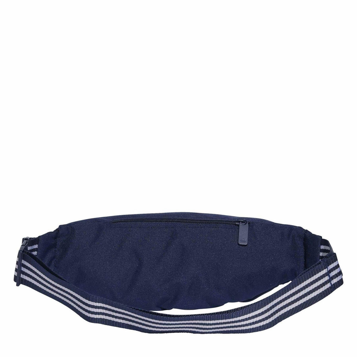 Dark indigo waist bag with top zip and striped webbing strap
