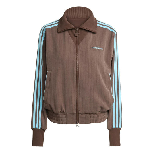 Brown zip-up track jacket with stand collar, ribbed cuffs, and turquoise side stripes
