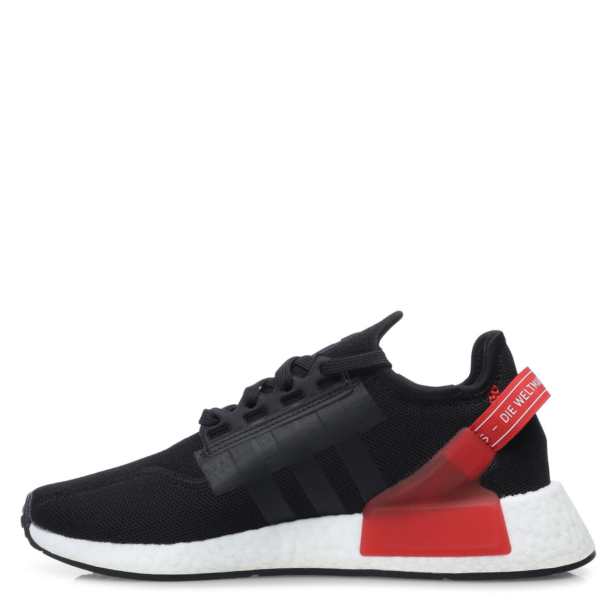 adidas NMD R1 V2 trainers side view, black upper with red heel, white midsole, blue stripe