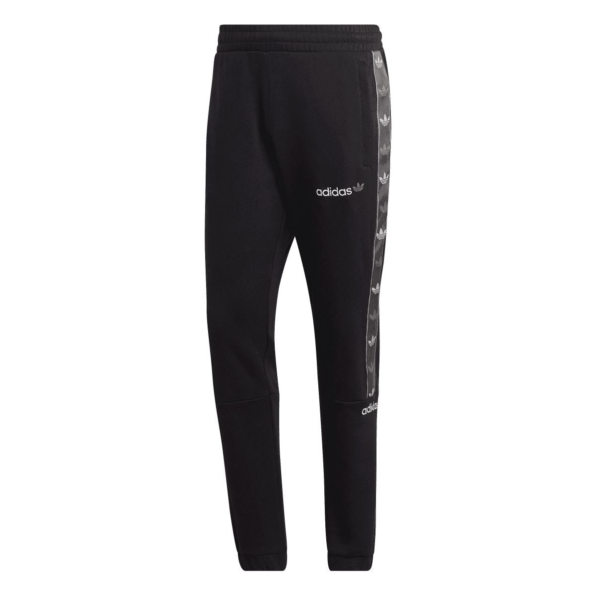 Black fleece pants with side tape stripes and elastic waistband cuffs