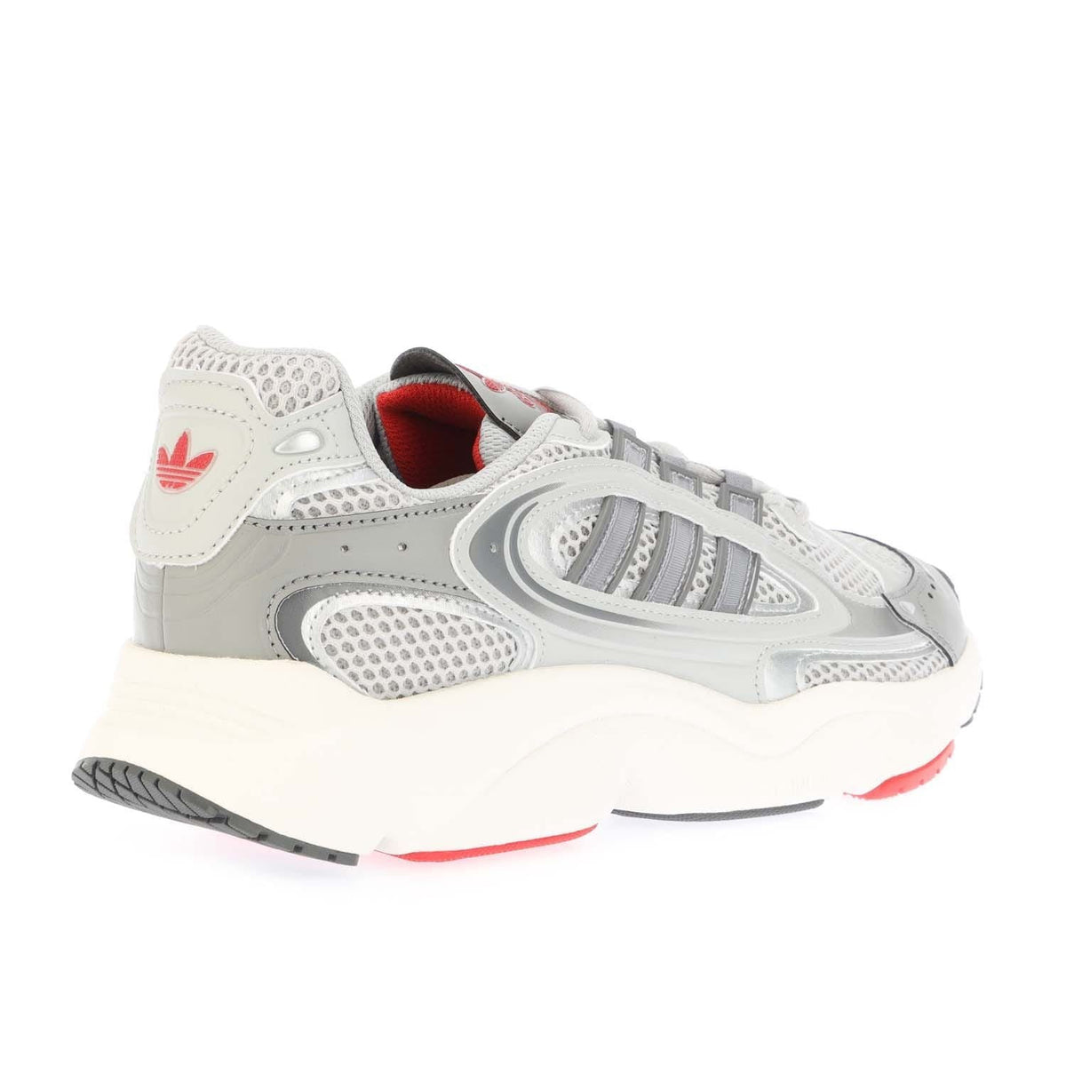 Grey Adidas Originals Ozmillen shoe with red-lined collar and mesh overlays