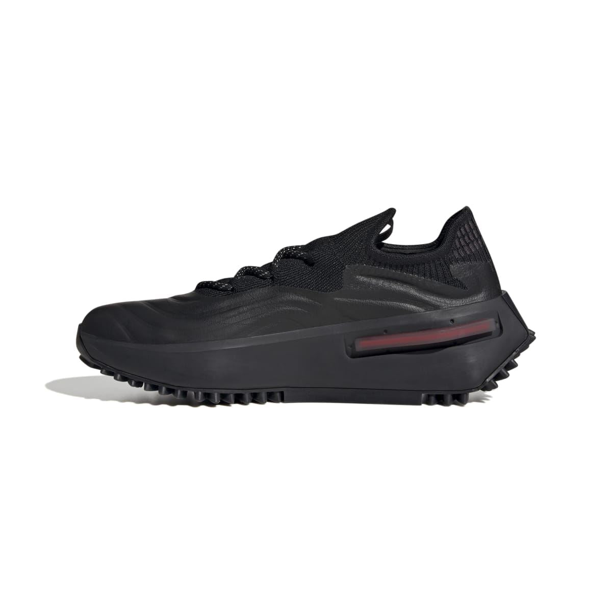 Black adidas Originals NMD S1 trainers, low profile side view with red accent stripe