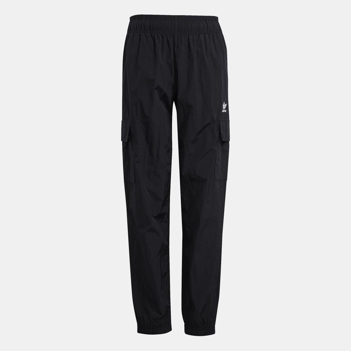 Kids black cargo track pants with elastic waistband and side cargo pockets, adidas trefoil logo