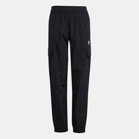 Kids black cargo track pants with elastic waistband and side cargo pockets, adidas trefoil logo